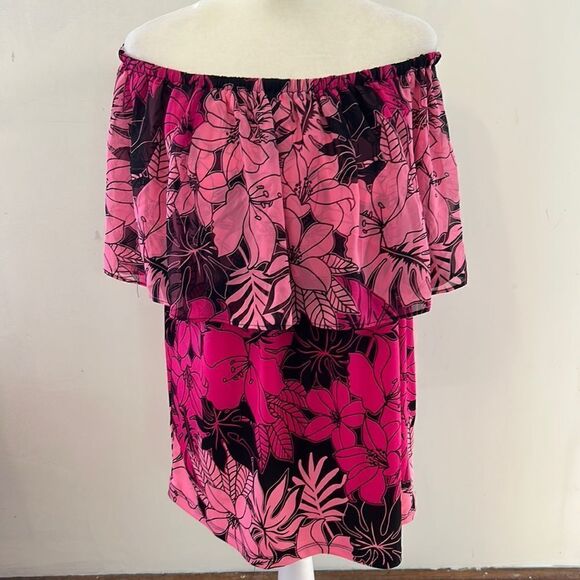 Susan Graver off the shoulder blouse with sheer overlay Pink black floral Size L - Picture 1 of 10